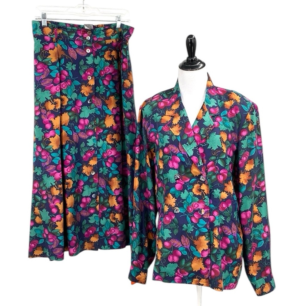 Vintage CHU‎ Blazer Maxi Skirt Set Womens LG 14 Fruit 100% Silk Double Breasted